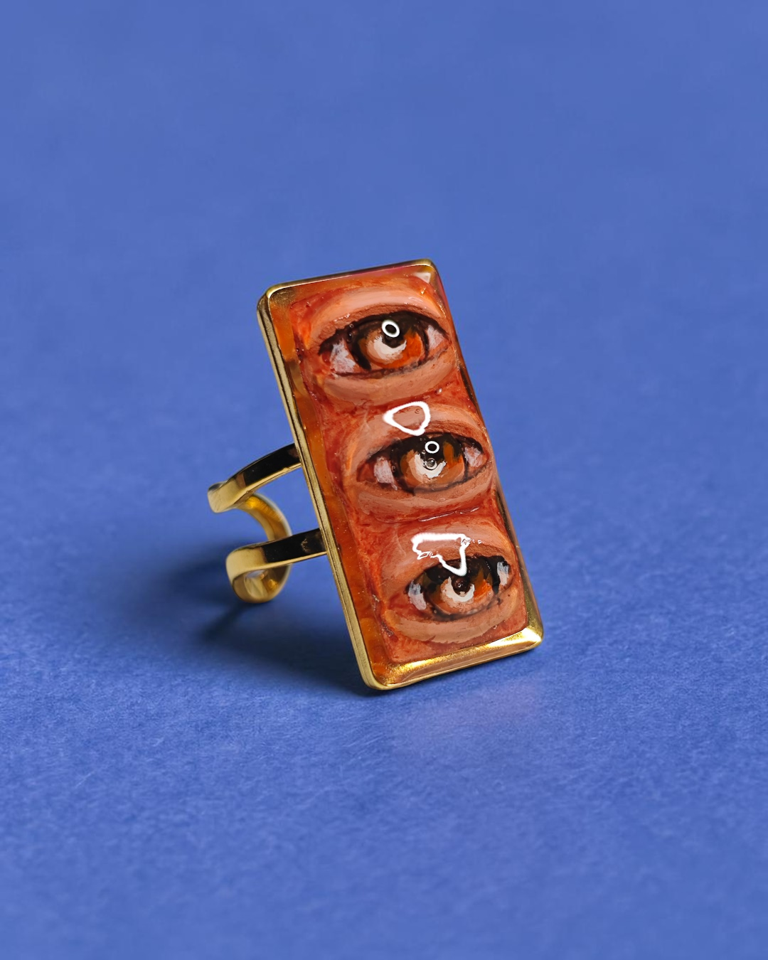 Three Eyes Ring – Handmade Clay & Resin Surreal Statement Jewelry with Adjustable Stainless Steel Band