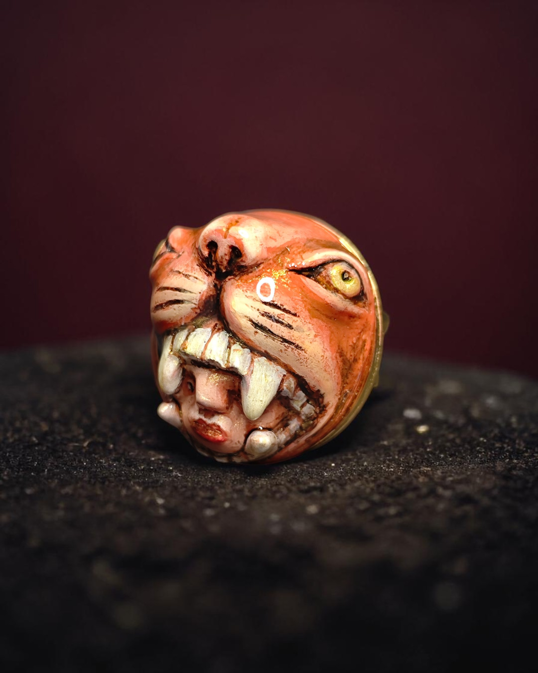 Head in Tiger’s Mouth Ring – Handmade Clay & Resin Surreal Statement Jewelry with Adjustable Stainless Steel Band