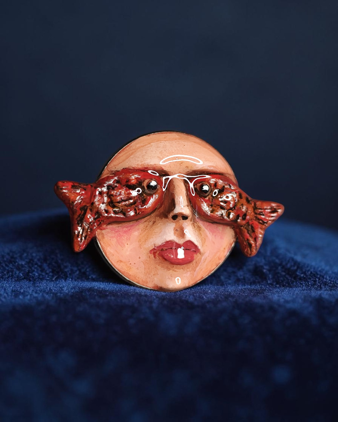 Face with Fish Eyes Pin Button – Handmade Clay & Resin Surreal Wearable Art with Stainless Steel Pin Back