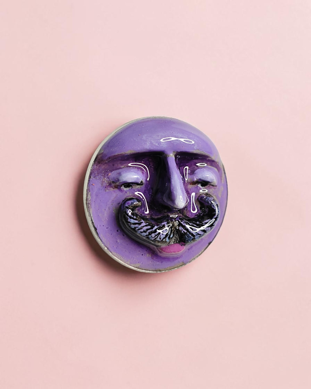 Purple Man with Mustache Pin Button – Handmade Clay & Resin Surreal Wearable Art with Stainless Steel Pin Back
