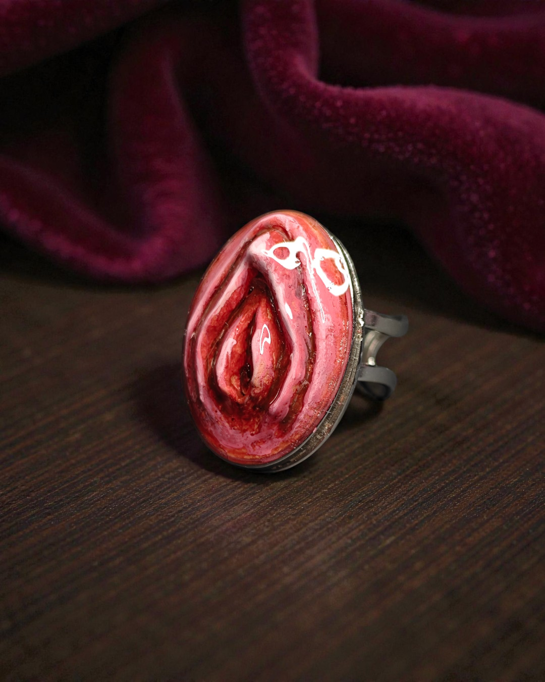 Feminine Body Form Ring – Handmade Clay & Resin Surreal Statement Jewelry with Adjustable Stainless Steel Band