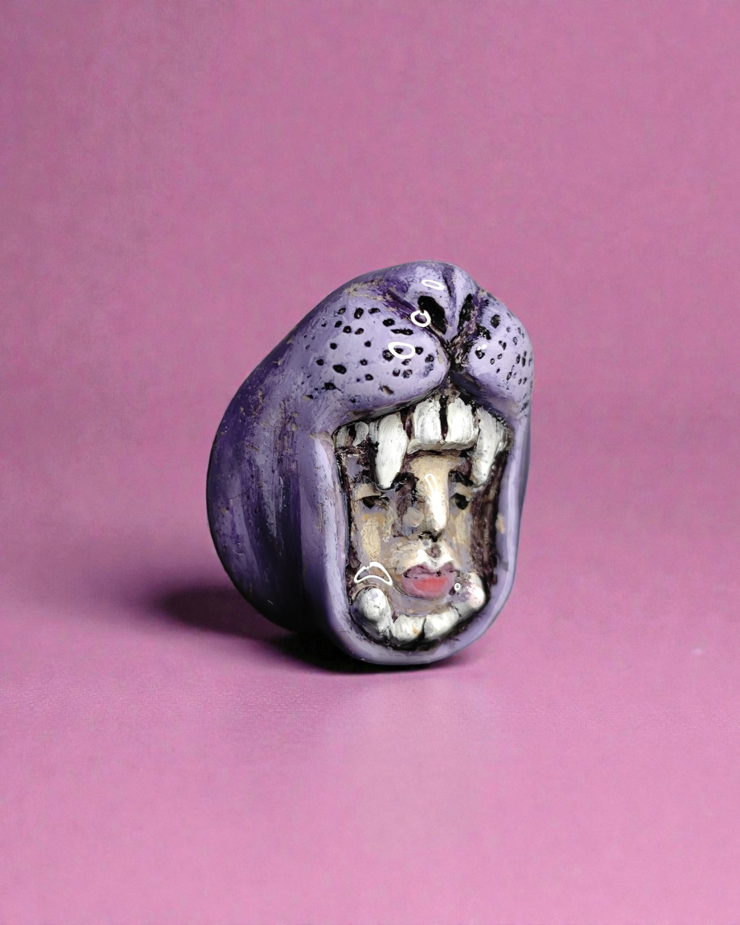 Head in Purple Tiger’s Mouth Pin Button – Handmade Clay & Resin Surreal Wearable Art with Stainless Steel Pin Back