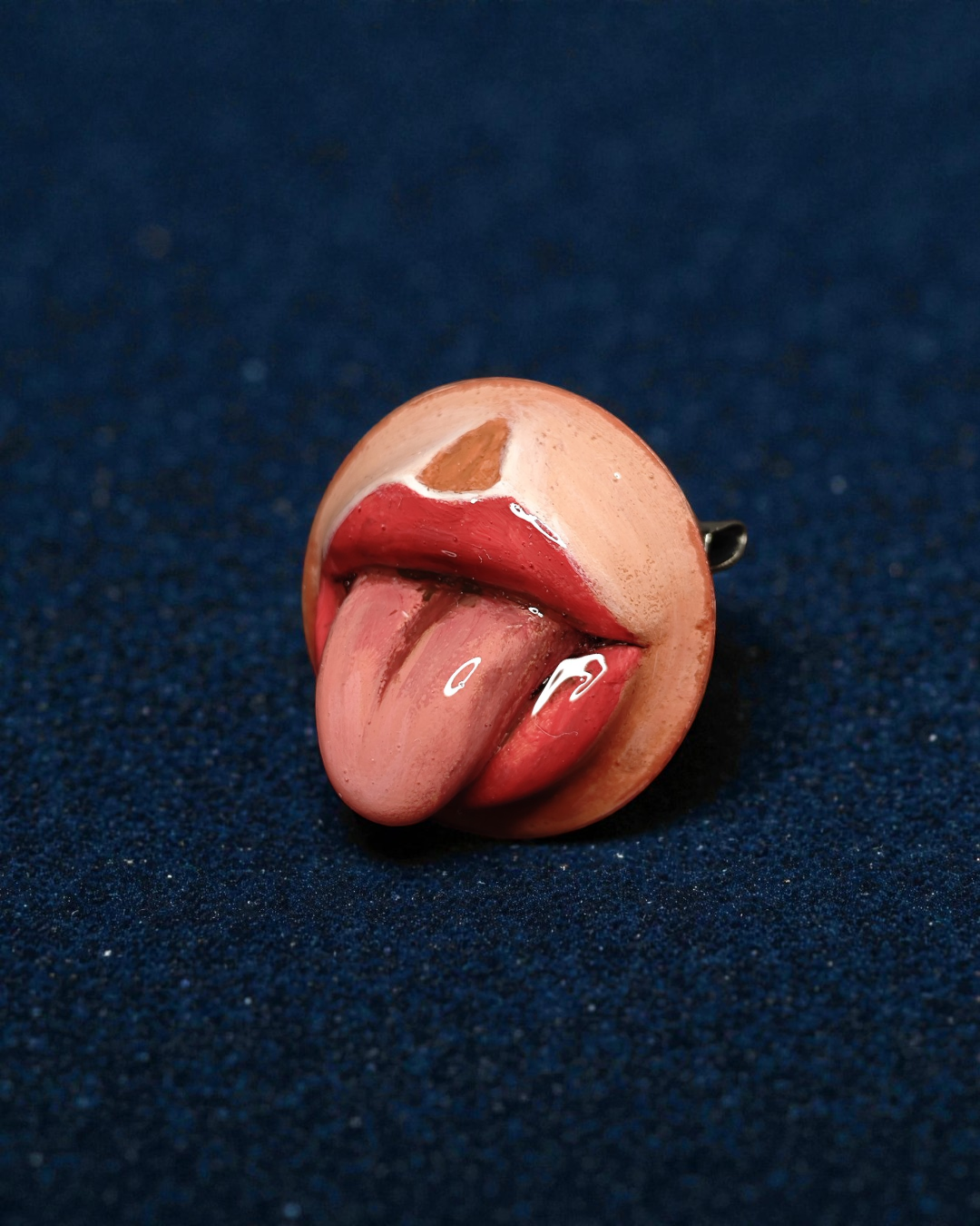 Tongue Out Pin Button – Handmade Clay & Resin Surreal Wearable Art with Stainless Steel Pin Back