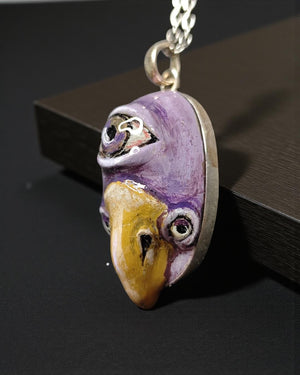 Bird with Third Eye Necklace β Handmade Clay & Resin Surreal Statement Jewelry, Sculptural Fantasy Wearable Art with Sterling Silver Chain /