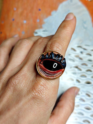 Black Eye Ring ā Handmade Clay & Resin Surreal Statement Jewelry with Adjustable Stainless Steel Band - SAMA