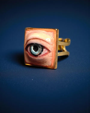 Blue Pupil Eye Ring β Handmade Clay & Resin Surreal Statement Jewelry, Sculptural Fantasy Wearable Art with Adjustable Stainless Steel Band