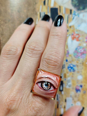 Brown Pupil Eye Ring β Handmade Clay & Resin Surreal Statement Jewelry, Sculptural Fantasy Wearable Art with Adjustable Stainless Steel Band