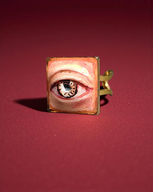 Brown Pupil Eye Ring β Handmade Clay & Resin Surreal Statement Jewelry, Sculptural Fantasy Wearable Art with Adjustable Stainless Steel Band