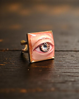 Brown Pupil Eye Ring β Handmade Clay & Resin Surreal Statement Jewelry, Sculptural Fantasy Wearable Art with Adjustable Stainless Steel Band