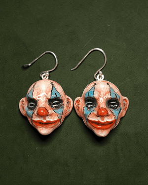 Clown Earrings ā Handmade Clay & Resin Surreal Statement Jewelry, Sculptural Wearable Art with Sterling Silver S925 Hooks - SAMA