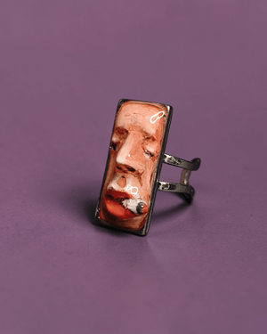 Complete Face Smoking Cigar Ring ā Handmade Clay & Resin Surreal Statement Jewelry, Sculptural Wearable Art with Adjustable Stainless Steel Band - SAMA
