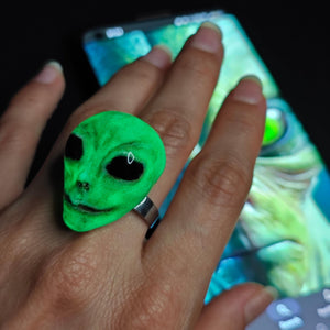 Cosmic Glow Ring β Handmade Clay & Resin Alien-Inspired Jewelry, Surreal Fantasy Wearable Art on Adjustable Stainless Steel Band