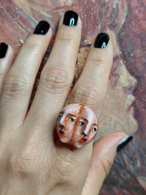 Double Faces Side by Side Ring β Handmade Clay & Resin Surreal Statement Jewelry, Sculptural Fantasy Wearable Art with Sterling Silver S925