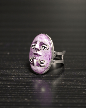 Double Mirrored Face Ring ā Handmade Clay & Resin Surreal Statement Jewelry with Adjustable Stainless Steel Band - SAMA