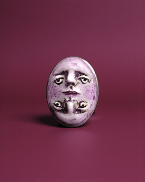 Double Mirrored Face Ring ā Handmade Clay & Resin Surreal Statement Jewelry with Adjustable Stainless Steel Band - SAMA