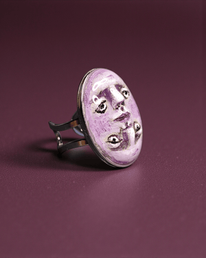 Double Mirrored Face Ring ā Handmade Clay & Resin Surreal Statement Jewelry with Adjustable Stainless Steel Band - SAMA