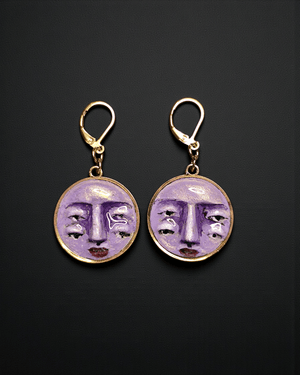 Double Pair of Eyes Purple Face Earrings ā Handmade Clay & Resin Surreal Statement Jewelry, Sculptural Fantasy Wearable Art with Stainless Steel Hooks - SAMA