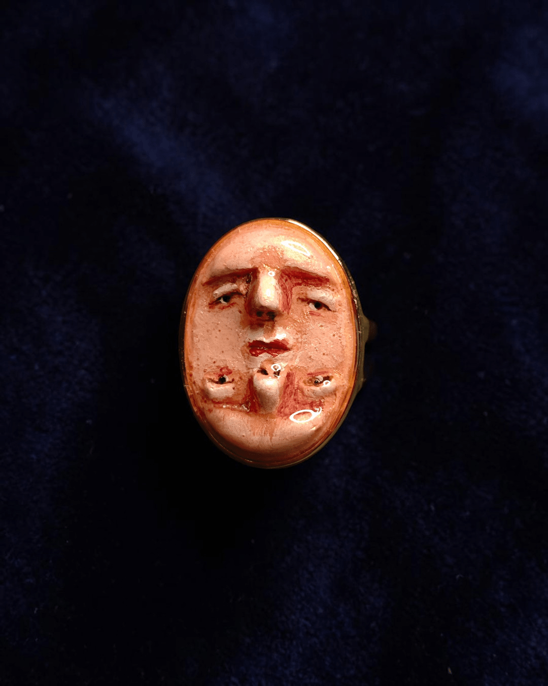 Double Upside Down Face Ring – Handmade Clay & Resin Surreal Statement Jewelry with Adjustable Stainless Steel Band - SAMA