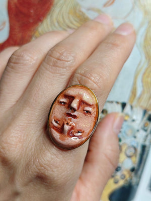 Double Upside Down Face Ring ā Handmade Clay & Resin Surreal Statement Jewelry with Adjustable Stainless Steel Band - SAMA