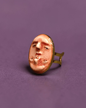Double Upside Down Face Ring ā Handmade Clay & Resin Surreal Statement Jewelry with Adjustable Stainless Steel Band - SAMA