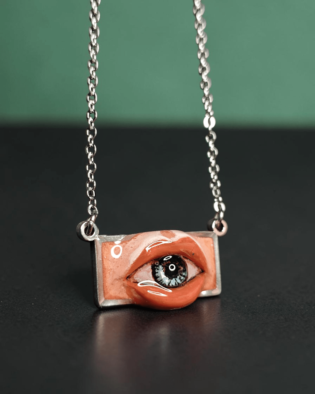 Eye in Mouth Necklace – Handmade Clay & Resin Surreal Statement Jewelry, Sculptural Fantasy Wearable Art with Stainless Steel Chain / Pendant - SAMA