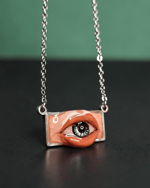 Eye in Mouth Necklace ā Handmade Clay & Resin Surreal Statement Jewelry, Sculptural Fantasy Wearable Art with Stainless Steel Chain / Pendant - SAMA