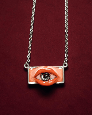 Eye in Mouth Necklace ā Handmade Clay & Resin Surreal Statement Jewelry, Sculptural Fantasy Wearable Art with Stainless Steel Chain / Pendant - SAMA
