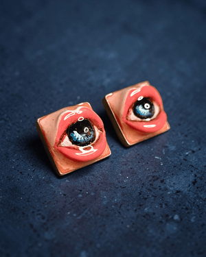 Eye in Mouth Stud Earrings ā Handmade Clay & Resin Surreal Statement Jewelry, Sculptural Wearable Art with Sterling Silver S925 Studs - SAMA