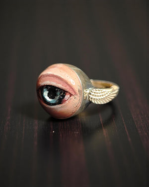Eye with Wings Ring β Handmade Clay & Resin Surreal Statement Jewelry, Sculptural Fantasy Wearable Art with Sterling Silver S925 Band