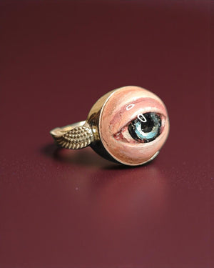 Eye with Wings Ring β Handmade Clay & Resin Surreal Statement Jewelry, Sculptural Fantasy Wearable Art with Sterling Silver S925 Band