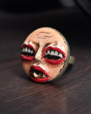 Face with Eye in Mouth & Mouths for Eyes Ring β Handmade Clay and Resin Surreal Statement Jewelry, Sculptural Fantasy Wearable Art with Ster