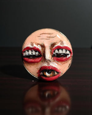 Face with Eye in Mouth & Mouths for Eyes Ring β Handmade Clay and Resin Surreal Statement Jewelry, Sculptural Fantasy Wearable Art with Ster