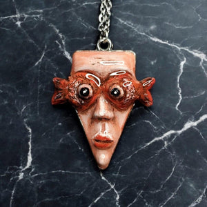 Face with Fish Eye Necklace β Handmade Clay & Resin Surreal Statement Jewelry, Sculptural Wearable Art with Alloy Pendant / Chain