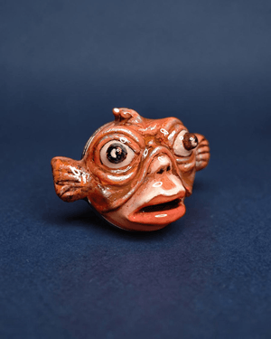 Face with Fish Mask Ring ā Handmade Clay & Resin Surreal Statement Jewelry with Adjustable Stainless Steel Band - SAMA
