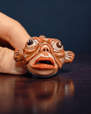 Face with Fish Mask Ring ā Handmade Clay & Resin Surreal Statement Jewelry with Adjustable Stainless Steel Band - SAMA