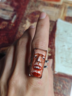 Face with Two Mouths Ring ā Handmade Clay & Resin Surreal Statement Jewelry, Sculptural Fantasy Wearable Art with Adjustable Stainless Steel Band - SAMA
