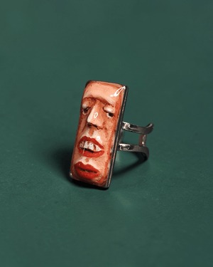 Face with Two Mouths Ring ā Handmade Clay & Resin Surreal Statement Jewelry, Sculptural Fantasy Wearable Art with Adjustable Stainless Steel Band - SAMA