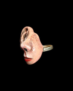 Face without Eyes with One Big Ear Ring β Handmade Clay & Resin Surreal Statement Jewelry, Sculptural Fantasy Wearable Art with Sterling Sil