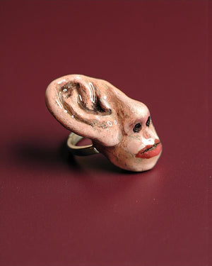 Face without Eyes with One Big Ear Ring β Handmade Clay & Resin Surreal Statement Jewelry, Sculptural Fantasy Wearable Art with Sterling Sil