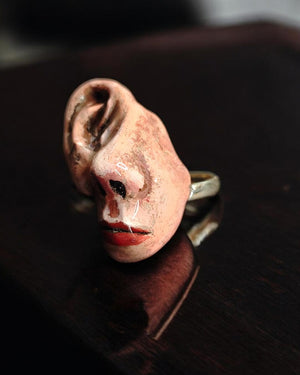 Face without Eyes with One Big Ear Ring β Handmade Clay & Resin Surreal Statement Jewelry, Sculptural Fantasy Wearable Art with Sterling Sil