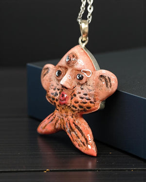 Fish-Human Face Necklace β Handmade Clay & Resin Surreal Statement Jewelry, Sculptural Fantasy Wearable Art with Sterling Silver S925 Chain
