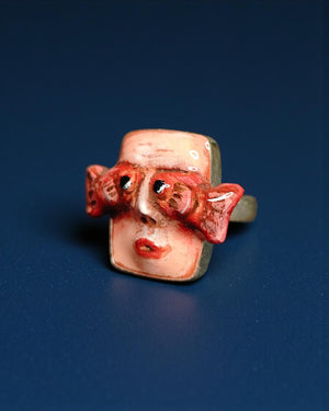 Fish on Eyes Ring β Handmade Clay & Resin Surreal Statement Jewelry, Sculptural Fantasy Wearable Art with Sterling Silver S925 Band