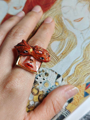 Fish on Face Ring β Handmade Clay & Resin Surreal Statement Jewelry with Adjustable Stainless Steel Band - SAMA