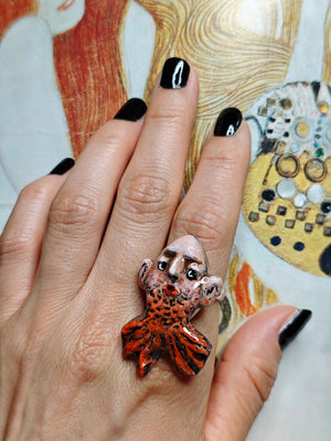 Fish with Human Face Ring β Handmade Clay & Resin Surreal Statement Jewelry, Sculptural Fantasy Wearable Art with Adjustable Stainless Steel