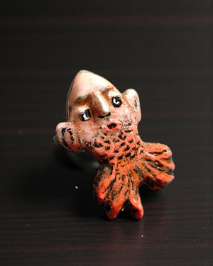 Fish with Human Face Ring β Handmade Clay & Resin Surreal Statement Jewelry, Sculptural Fantasy Wearable Art with Adjustable Stainless Steel