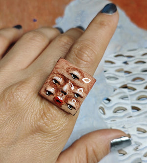 Five Eyes Ring ā Handmade Clay & Resin Dark Surreal Statement Jewelry, Sculptural Fantasy Wearable Art on Adjustable Iron Band