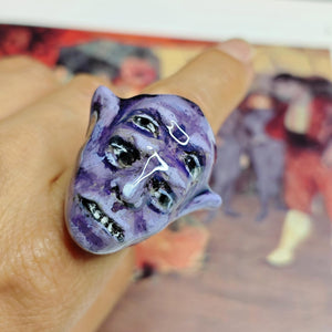 Four Eyes Glow Ring β Handmade Clay & Resin Surreal Statement Jewelry, Dark Fantasy Wearable Art on Adjustable Stainless Steel Band OOAK