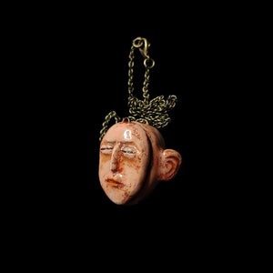 Glowing Hollow Head Necklace β Handmade Clay & Resin Surreal Statement Jewelry with Face on Chain, Sculptural Wearable Art OOAK
