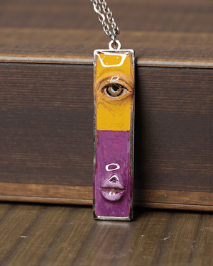 Half Yellow Half Purple One - Eye Necklace β Handmade Clay & Resin Surreal Statement Jewelry, Sculptural Fantasy Wearable Art with Stainless Steel Chain / Pendant - SAMA