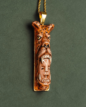 Head in Jaguar Mouth Necklace ā Handmade Clay & Resin Surreal Statement Jewelry, Sculptural Fantasy Wearable Art with Stainless Steel Chain / Pendant - SAMA